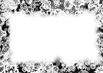 Grunge frame with snowflakes. Useful for social media, banners, Christmas cards, brochures, templates. Overlay texture made with snow flakes and halftone dots. Vector