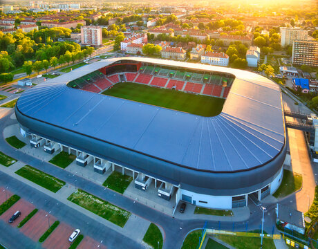 Tychy May 15, 2022, City Stadium in Tychy, GKS Tychy shot from a drone. Aerial view stadium with the setting sun. Football and stadiums concept.
