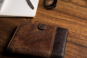 Leather wallet, notepad and calculator