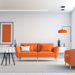Minimalist living room with orange sofa on the white wall and orange armchair 3d rendering