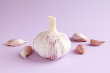 Fresh white unpeeled head bulb of garlic and garlic cloves on lilac, violet, purple color background. Vegan, organic, vitamins. Natural antibiotic, antioxidant, Allicin. 