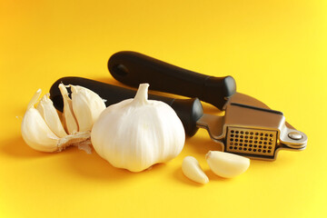 Fresh white unpeeled head bulb of garlic and garlic cloves on yellow color background with garlic press. Vegan, organic, vitamins. Natural antibiotic, antioxidant, Allicin. 