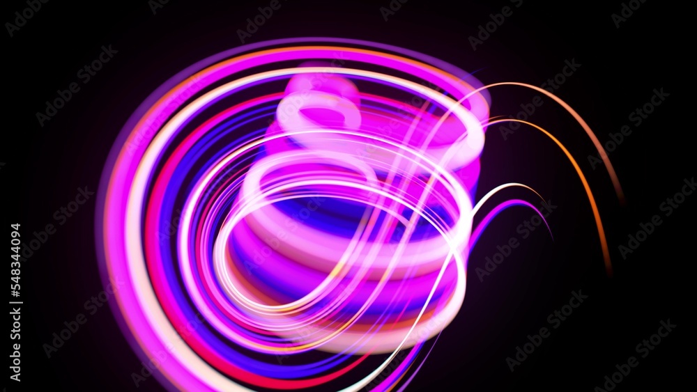 Poster motion graphics, sci-fi bg. stream of multicolor neon lines form spiral shape, curls and pattern. ab