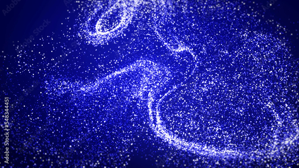 Poster abstract bg with blue magic glitters fly in air and form beautiful swirls. sparkles float in viscous