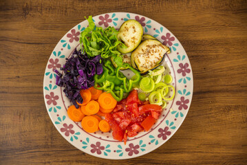Porcelain plate with sliced vegetables.