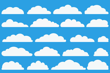 Cloud icons set on blue background. Flat cloudy vector collection. White clouds group. Design element for flat illustration.