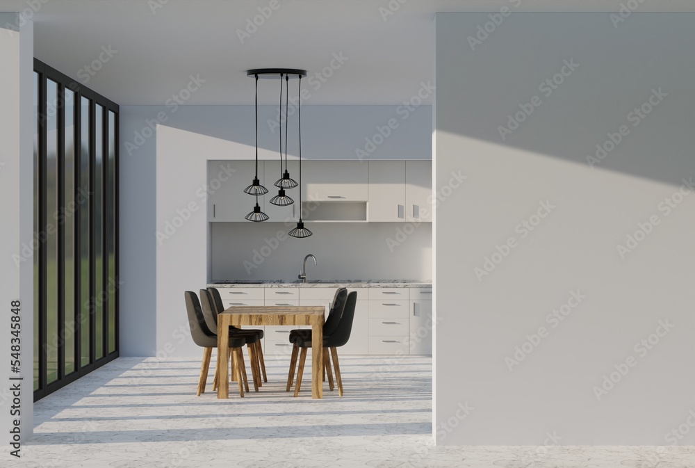 Poster view of the wall and kitchen in the background and an empty frame to be completed. the concept of th