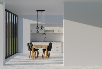 View of the wall and kitchen in the background and an empty frame to be completed. The concept of the kitchen, placing the product in the frame in front of the kitchen. 3D render; 3D illustration.