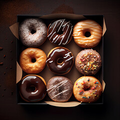 top view of various donuts in a box - obrazy, fototapety, plakaty
