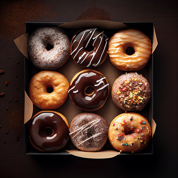 top view of various donuts in a box