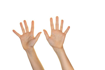 hands raised up, open palms on transparent background, counting to 10