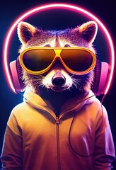 Portrait of a raccoon DJ in fancy glasses. Raccoon DJ at the disco. 3d rendering - 548346090