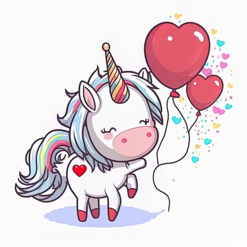Cute unicorn playing with love balloon cartoon 2d illustrated icon illustration. animal holiday isolated