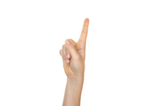 hand isolated on transparent background, index finger, counting on fingers, one