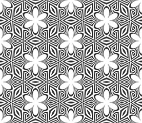 Seamless Geometric Hexagons Floral Pattern. Black and White Texture.