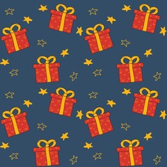 New Year. Seamless pattern with Christmas tree, gifts, garlands, snowflakes, jingle bells, Christmas branches, house, stars. Creative for fabric, packaging, textile, wallpaper, paper or background