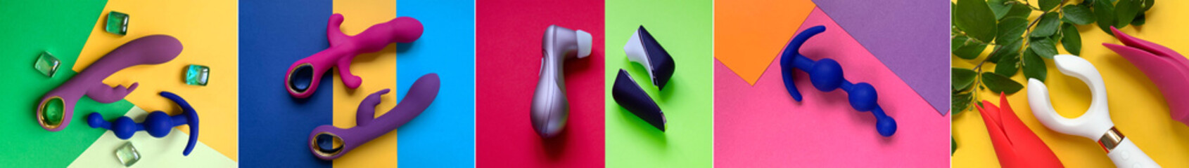 Collage of photos sex toys. Many vibrators and butt plugs on color background. Useful for adult, sex shop - obrazy, fototapety, plakaty
