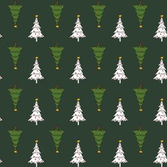 New Year. Seamless pattern with Christmas tree, gifts, garlands, snowflakes, jingle bells, Christmas branches, house, stars. Creative for fabric, packaging, textile, wallpaper, paper or background
