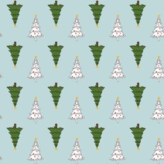 New Year. Seamless pattern with Christmas tree, gifts, garlands, snowflakes, jingle bells, Christmas branches, house, stars. Creative for fabric, packaging, textile, wallpaper, paper or background