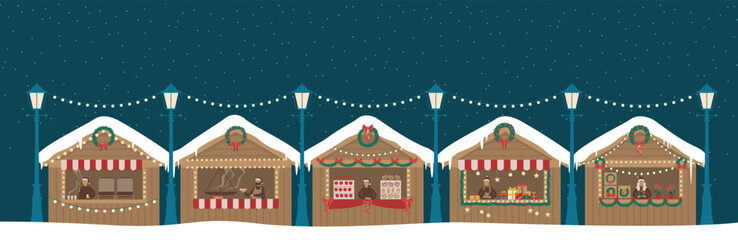 Christmas market wooden stalls kiosks. Market sellers with New Year food, hot drink, mulled wine coffee or tea, sweets and gifts.