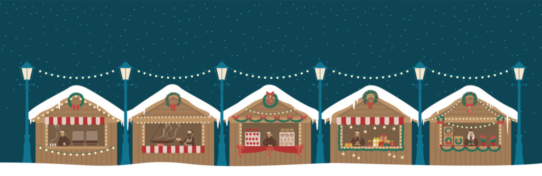 Christmas market wooden stalls kiosks. Market sellers with New Year food, hot drink, mulled wine coffee or tea, sweets and gifts.