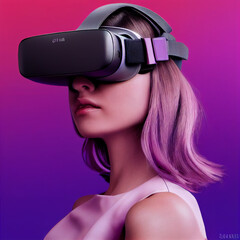 Naklejka premium A woman wearing a VR virtual reality headset - metaverse, augmented reality, futuristic concept 3D render and illustration