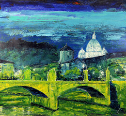 Art painting of Basilica Sant Pietro, Tiber river and Ponte Vittorio Emanuele, Vatican, Rome, Italy.