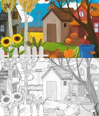 cartoon farm ranch animals pumpkins with sketch