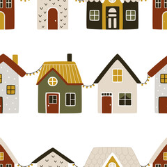 Christmas garlands are hung between Scandinavian cute houses. Vector seamless pattern for Christmas and New Year gifts wrapping paper