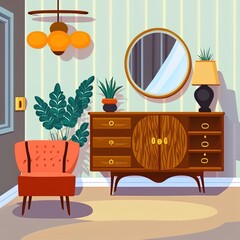 Interior design of unique living room with stylish vintage commode modern home decor illustration
