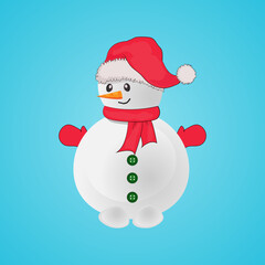 Cute snowman, wearing a red hat and gloves, with buttons