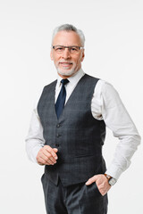 Vertical portrait of smart caucasian middle-aged mature senior elderly businessman ceo teacher...