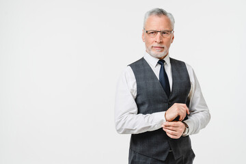 Smart caucasian successful confident mature middle-aged businessman ceo boss teacher professor in businesslike suit isolated in white background
