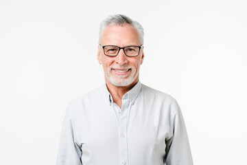 Closeup photo of caucasian mature middle-aged grandfather businessman ceo boss teacher professor in glasses looking at camera isolated in white background