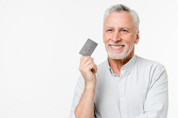 Dreamy caucasian mature senior grandfather customer client thinking about buying new car, cashback, loan, money on e-banking account, pension isolated in white background