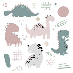 Vector hand drawn doodle dinosaur set. Modern clipart set with dots, spots, doodles and dino. In pastel colors.