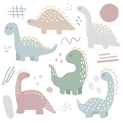 Vector hand drawn doodle dinosaur set. Modern clipart set with dots, spots, doodles and dino. In pastel colors.