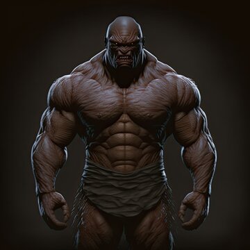 Beefy bodybuilder character design caricature. 3d render model with huge muscles. Isolated on black background.