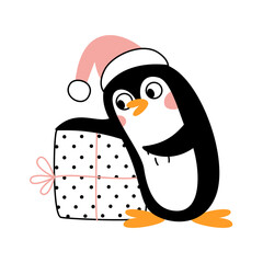 Cute little happy penguin in a hat with a gift. Vector flat illustration