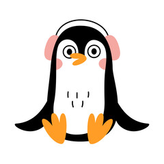 Cute little happy penguin is sitting with headphones. Vector flat illustration