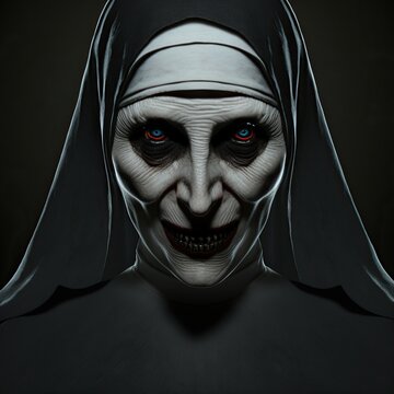 Portrait 3d render of evil scary possessed nun. Character design of creepy religious woman. Isolated on black background.