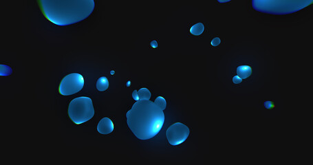 Abstract background with bright blue flying liquid bubbles glowing energy magic circles and balls drops