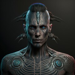 Cyberpunk tattoo artist with body modifications and tattoos. Character design from the future. Generative AI.