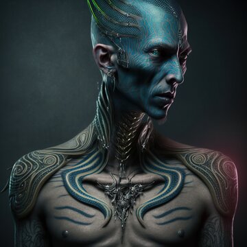 Cyberpunk alien mutant character design. 3d render isolated on black background.