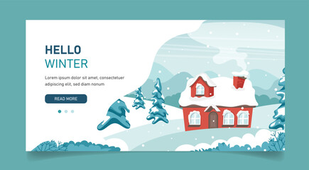Winter in village holiday template. Winter landscape with cute house and trees, merry Christmas greeting card template. Vector illustration in flat style
