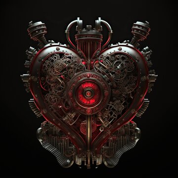 Mechanical steampunk heart with gears and cogs. Red and silver concept design.