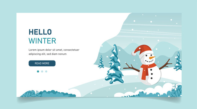 Merry Christmas card with cute landscape and snowman. Concept for holidays, winter, Christmas. Hello winter template. Illustration in flat style