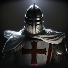 Medieval templar crusader knight in full armor 3d render. Character design portrait. Isolated on black background. - obrazy, fototapety, plakaty