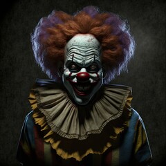 Scary evil killer clown portrait character design. Isolated on black background. Generative AI.