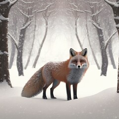 Red woodland fox in the snow. Winter landscape in the forest. Animal character design for christmas.